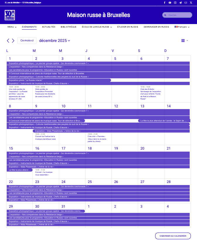 Page Internet. Maison russe Bruxelles-Europe. Calendrier des événements culturels du 1er au 31 décembre 2025. 2025-12-01